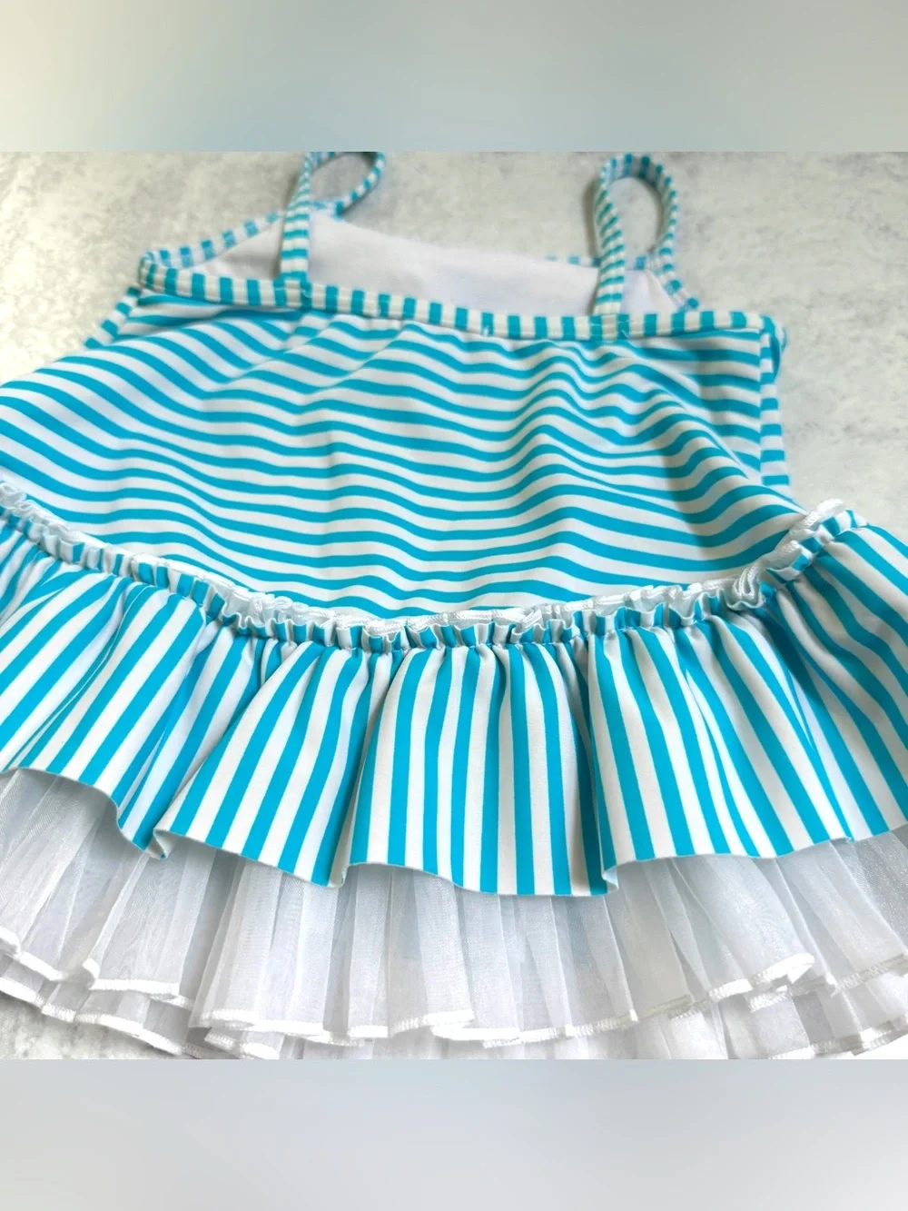 18M👙 Kate Mack Aqua Stripe Tutu Ruffle Tankini Swimsuit Set w Polka Dot Bottom